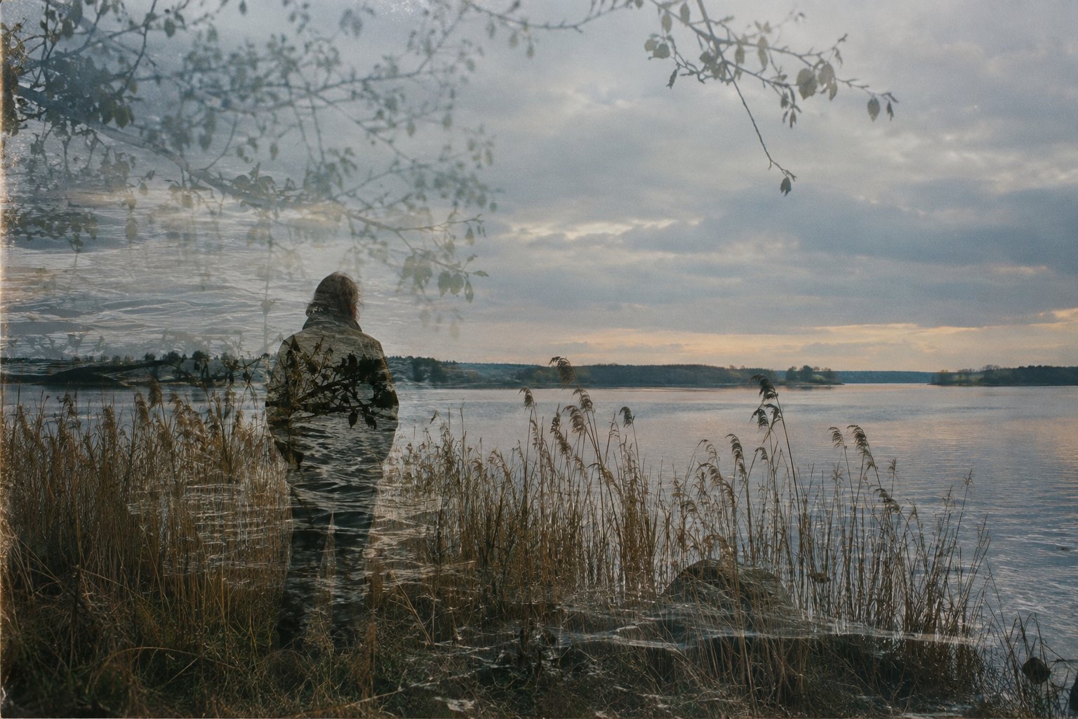 Een persoon staat tussen riet aan een meer. Door een dubbele belichting lopen water en boomtakken door het silhouet.