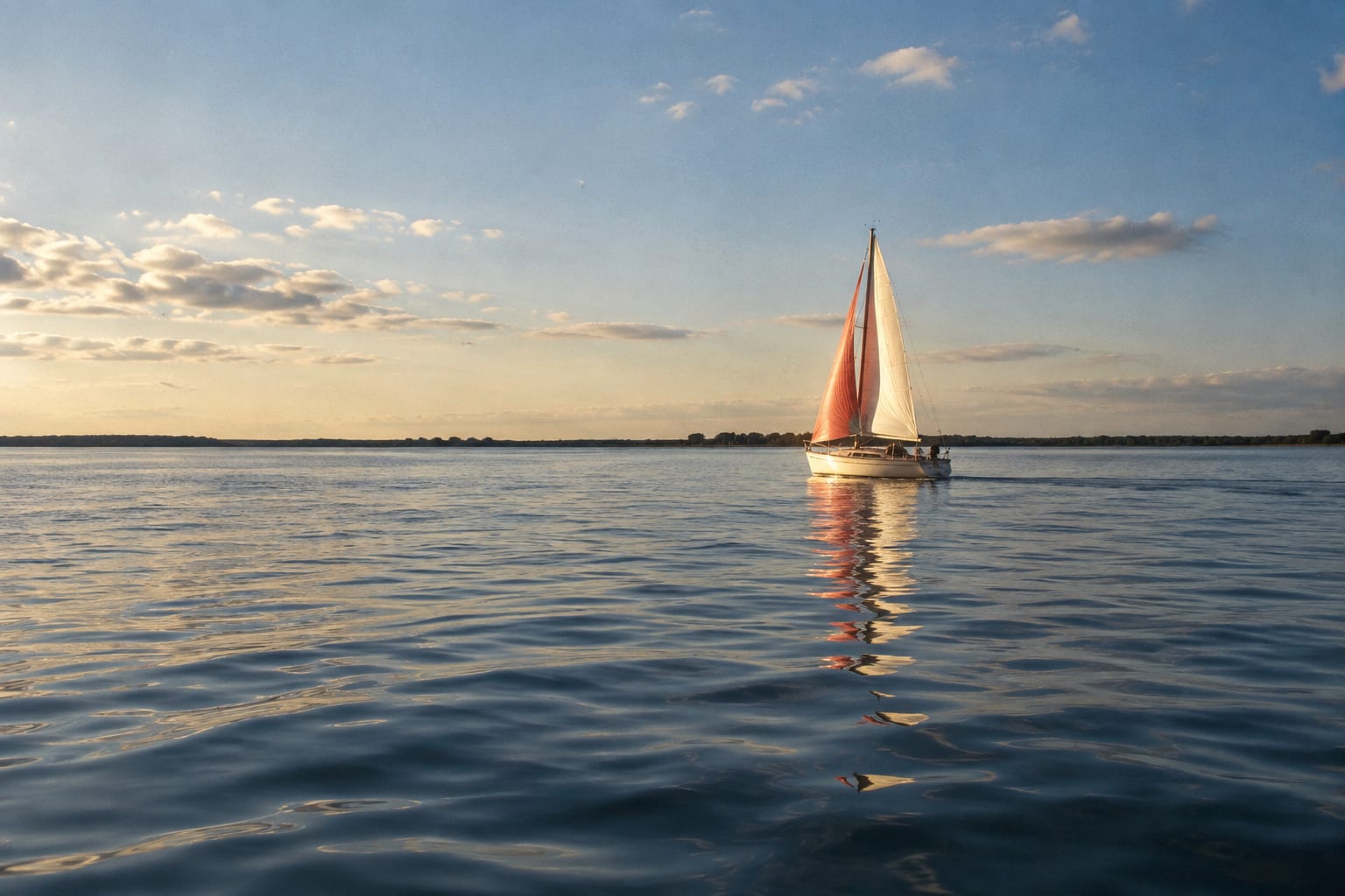 Een kleine zeilboot beweegt over open water; de door rimpelingen vervormde weerspiegeling blijft met hetzelfde meer verbonden.